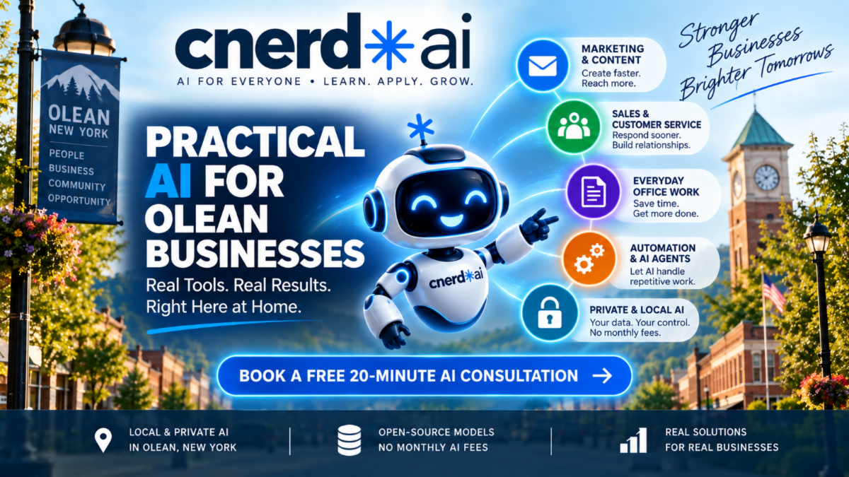 CNERD campaign artwork showing a robot and practical AI services for Olean businesses