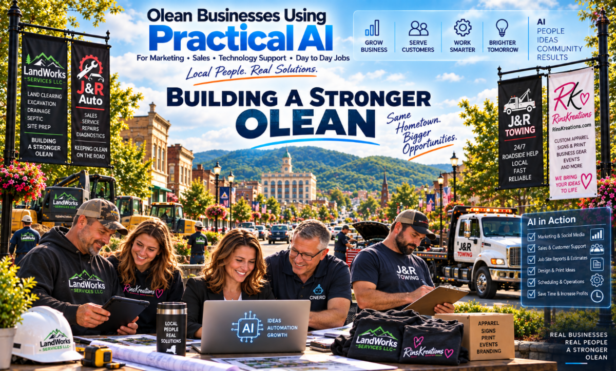 Original Olean business release artwork showing local business branding and practical AI collaboration